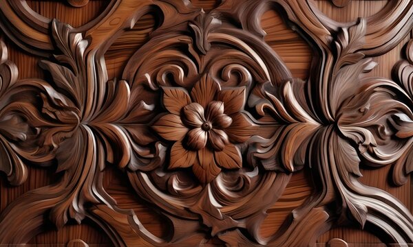 Carving on marquetry, old mahogany wood with patina