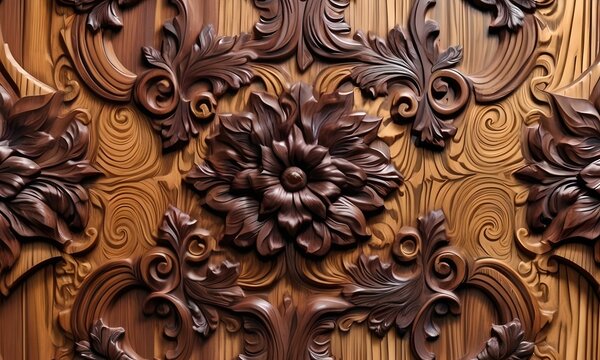 Carving on marquetry, old mahogany wood with patina