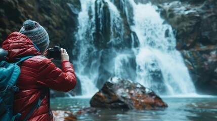A tourist capturing the stunning view of a cascading waterfall with their camera, preserving the natural beauty of their travel experience.