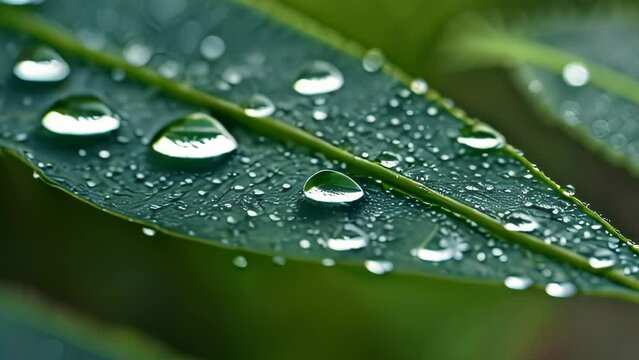 Video animation of close up image of a green leaf covered with multiple clear water droplets. The droplets vary in size and are scattered across the entire surface of the leaf,