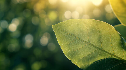 Close-up view of sunlit green leaf with blurred greenery backdrop