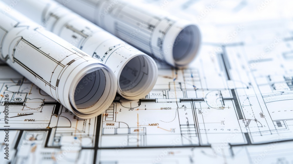 Poster civil engineers consulting architectural drawings and plans, collaborating on the design and layout 