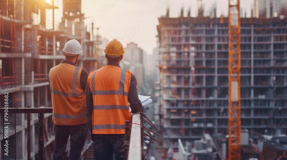 Poster civil engineers inspecting a construction site, discussing plans and overseeing the progress of a bu