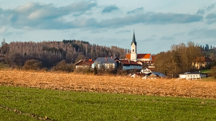 Winter view with a church near Weng, Bad Griesbach im Rottal, Passau, Bavaria, Germany