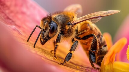 Close-up of a bee perched on a flower petal, its proboscis immersed in the flower's nectar as it collects food for the hive. - obrazy, fototapety, plakaty