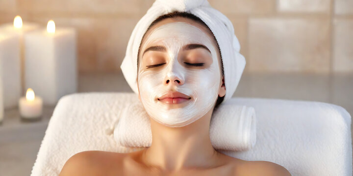 Woman with eyes closed and white facial mask on face in SPA, Face and body care, relaxation and mental health. High quality photo