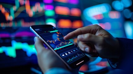 Close-up of a trader's hand using a mobile trading app to buy or sell stocks, illustrating the accessibility of stock trading through smartphones. - obrazy, fototapety, plakaty