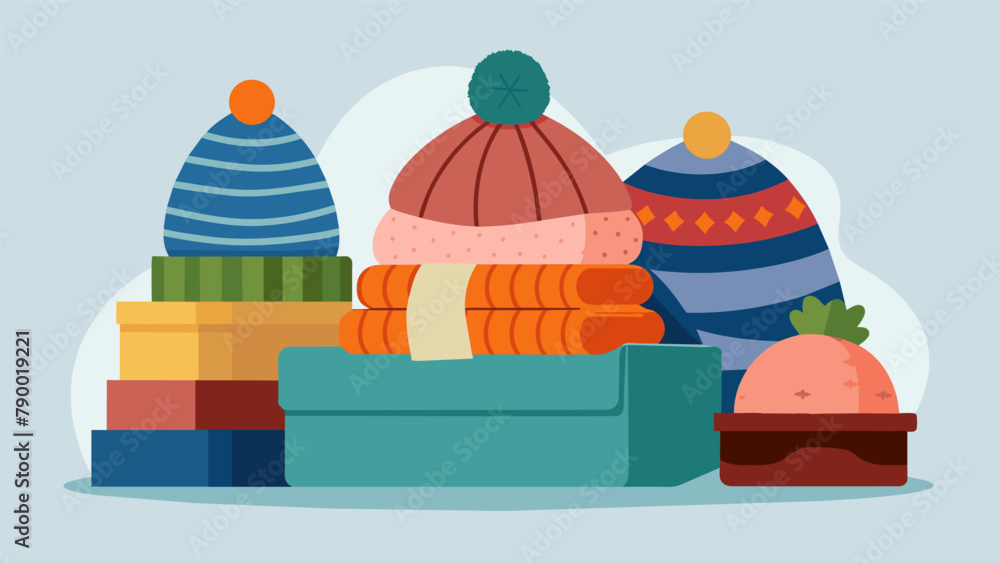 Aufkleber a display of handknitted hats and blankets at a winter warmth drive showcasing the dedication and sk