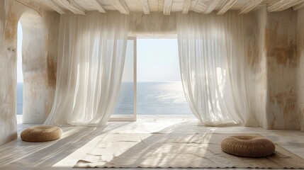 Fototapeta na wymiar A room with a large window overlooking the ocean. The curtains are white and the room is empty