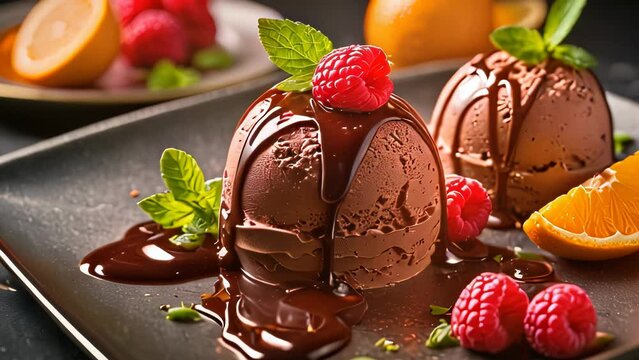 Video animation of  luxurious chocolate dessert, featuring glossy chocolate spheres elegantly plated. Accompanying the chocolate are fresh raspberries and mint leaves