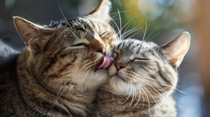 Close-up of two cats grooming each other affectionately, their tongues licking fur with care and tenderness as they bond in the comfort of home.