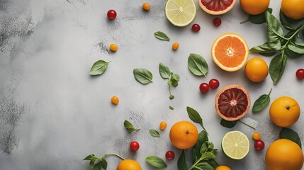 Healthy food eating selection on grey background, fruit, vegetable, seeds, superfood