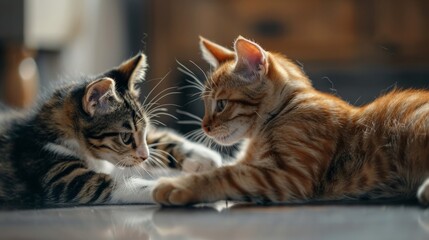 Close-up of two cats playfully wrestling on the floor, their paws batting at each other in a friendly game of feline roughhousing indoors.
