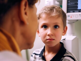 ophthalmologist checks the eyesight of a boy with special ophthalmic equipment. An appointment with an ophthalmologist