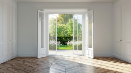 A large open doorway leads to a large room with a lot of natural light. The room is empty and has a clean, minimalist feel