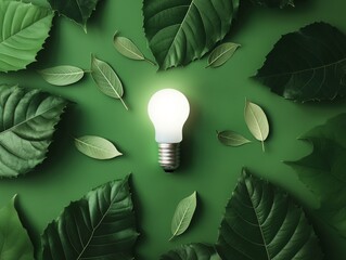 Wireless Light Bulb surrounded by Green Leaf as Sign of Light On on green background