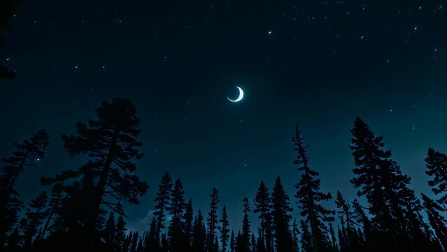 Video animation of  serene beauty of a night sky adorned with a delicate crescent moon and a sprinkle of stars. Below, the silhouettes of towering pine trees stretch upwards,