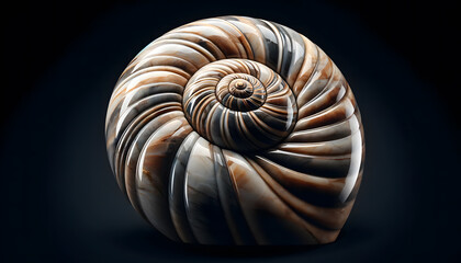The alluring pattern of a chambered Nautilus shell, displayed in splendid detail against a dark backdrop, capturing the essence of marine elegance.