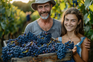 Couple of workers carefully picking grapes amidst the vineyard rows