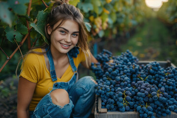 Dedicated female worker carefully picking ripe grapes in vineyard