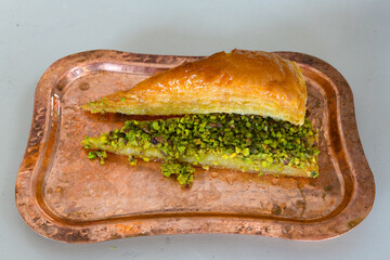 Turkish Dessert Sobiyet  Baklava, mussels baklava and classic baklava with Pistachio . Cevizli, Fistikli Baklava, top view.