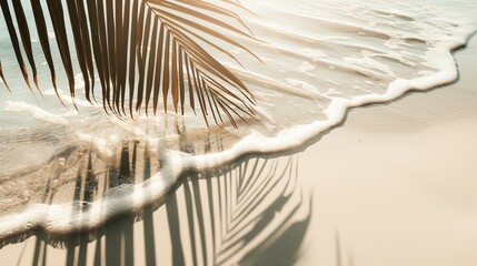 Tropical beach background with sea waves, white sand, palm tree shadows, concept banner for summer vacation - Powered by Adobe