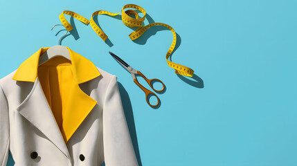 Yellow women's clothes, scissors and waist measuring tape on blue background
