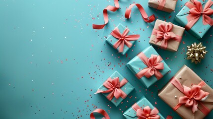Banner, many gift boxes tied velvet ribbons, paper decorations on turquoise background. Christmas theme. Flare light accents