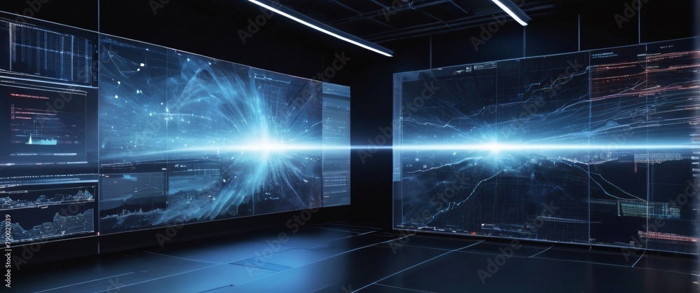 Poster analyze complex data sets in real-time, with no people a digital interface overlaid, in a silhouette