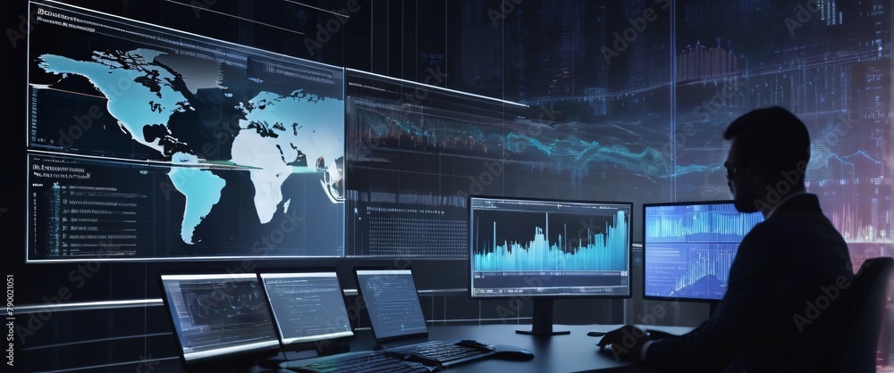 Poster analyze complex data sets in real-time, with no people a digital interface overlaid, in a silhouette