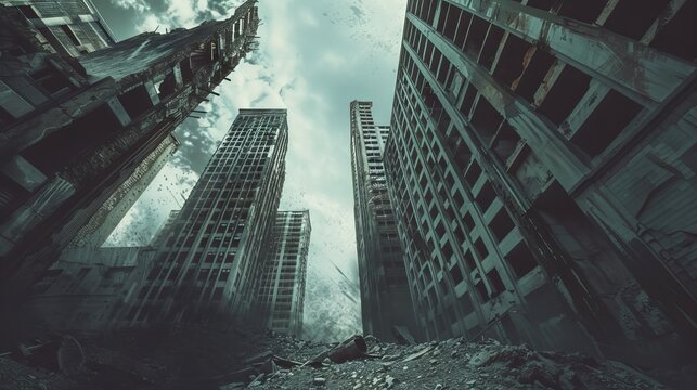 Capture a haunting dystopian cityscape from a low-angle view, emphasizing towering buildings in a desolate landscape, using digital photorealistic techniques,