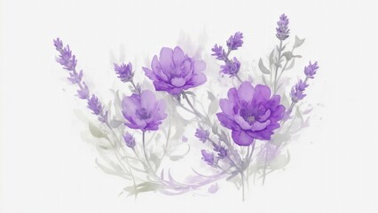 abstract watercolor lavender and other colorful followers on white background