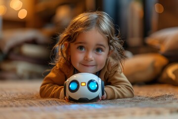 A little girl lies on the floor, joy shining in her eyes as she plays with a light-up robot toy