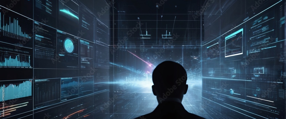 Poster analyze complex data sets in real-time, with no people a digital interface overlaid, in a silhouette