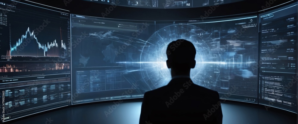 Poster analyze complex data sets in real-time, with no people a digital interface overlaid, in a silhouette
