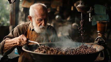 Old man roasting coffee beans