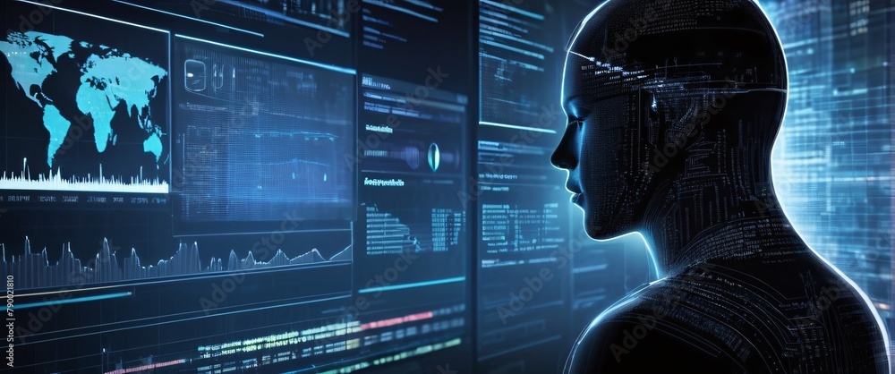 Poster analyze complex data sets in real-time, with no people a digital interface overlaid, in a silhouette