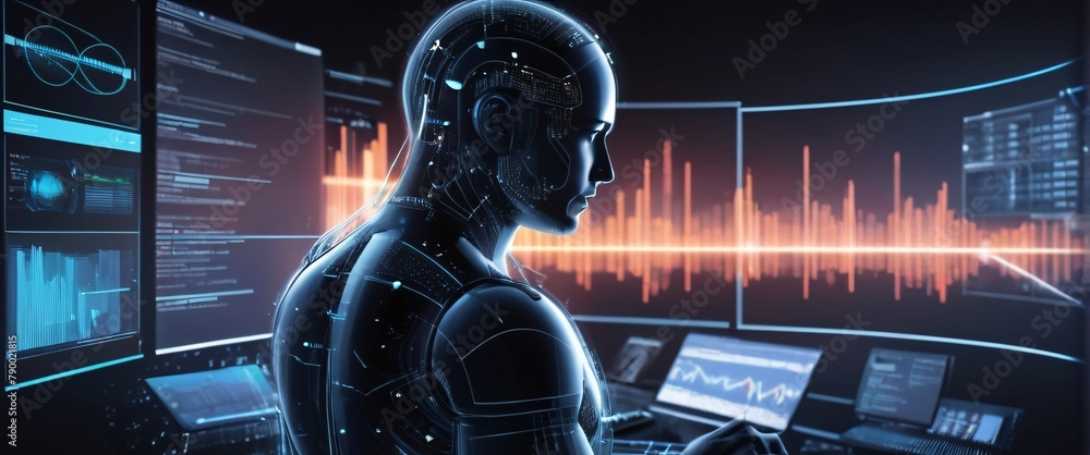 Poster analyze complex data sets in real-time, with no people a digital interface overlaid, in a silhouette