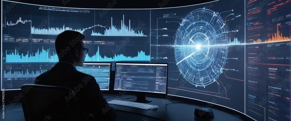 Poster analyze complex data sets in real-time, with no people a digital interface overlaid, in a silhouette