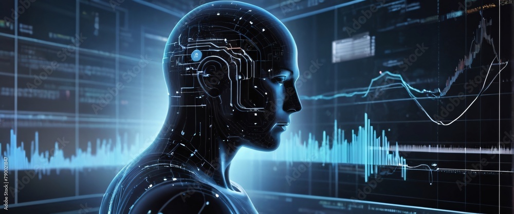 Poster analyze complex data sets in real-time, with no people a digital interface overlaid, in a silhouette