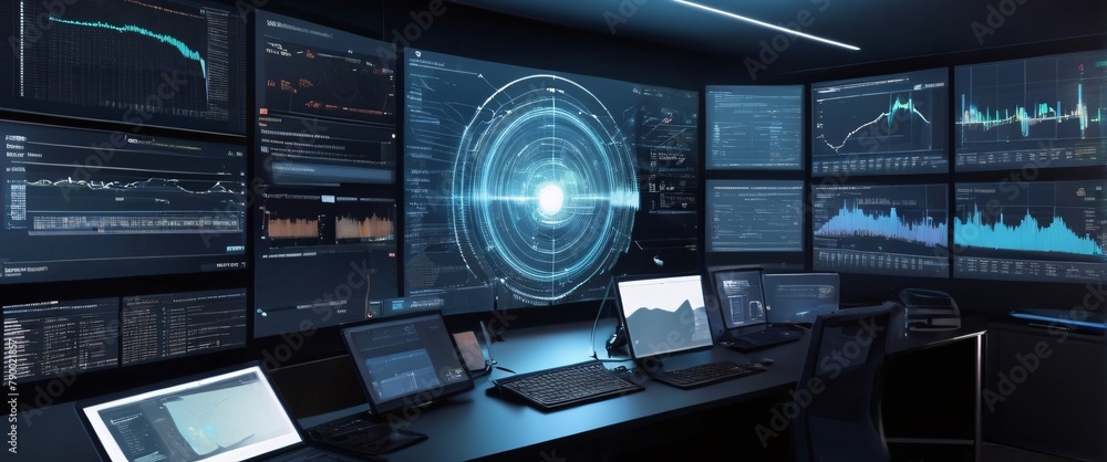 Poster analyze complex data sets in real-time, with no people a digital interface overlaid, in a silhouette