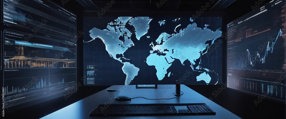 Poster analyze complex data sets in real-time, with no people a digital interface overlaid, in a silhouette