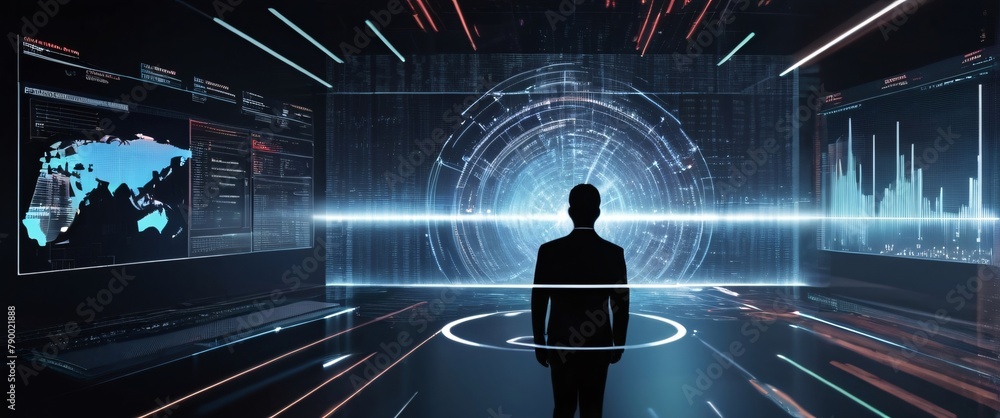 Poster analyze complex data sets in real-time, with no people a digital interface overlaid, in a silhouette