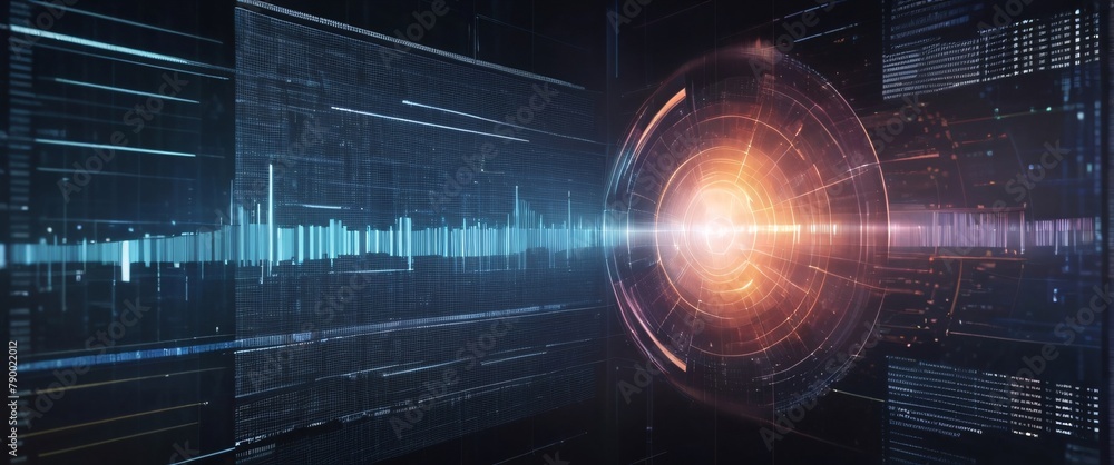 Poster analyze complex data sets in real-time, with no people a digital interface overlaid, in a silhouette
