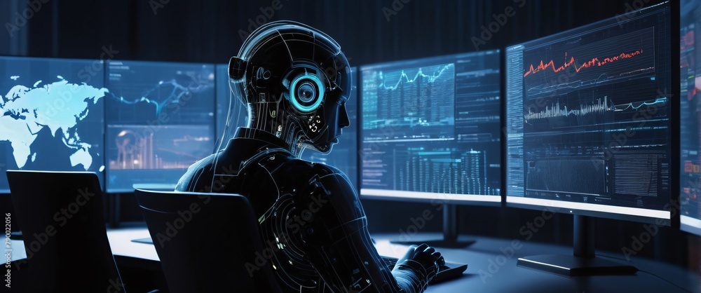 Poster analyze complex data sets in real-time, with no people a digital interface overlaid, in a silhouette