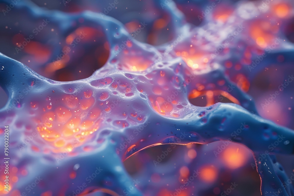 Poster a detailed rendering of synapses and neuron structures in a microscopic setting, highlighted with vi