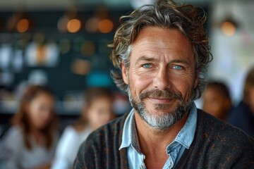 Fototapeta premium Confident man with tousled hair and a beard gives a charismatic look in stylish, patterned clothing