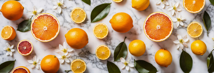 Ingredients for cooking Citrus cake. Flat-lay of fresh oranges, lemons, kumquats, grapefruits and blossom flowers over marble background, top view, wide composition. Vegan, clean eating food concept