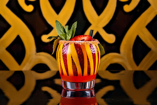 Glass with artistically painted strawberry against black and gold backdrop on reflective black table