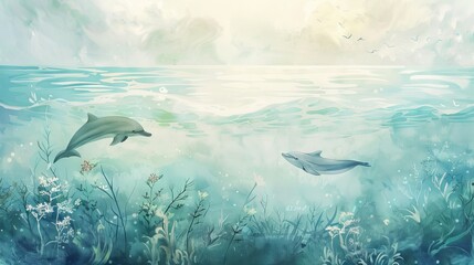 Craft a serene watercolor illustration of a tranquil ocean scene teeming with diverse marine life, promoting the importance of ocean conservation Utilize gentle brush strokes and soft pastel hues to e - obrazy, fototapety, plakaty
